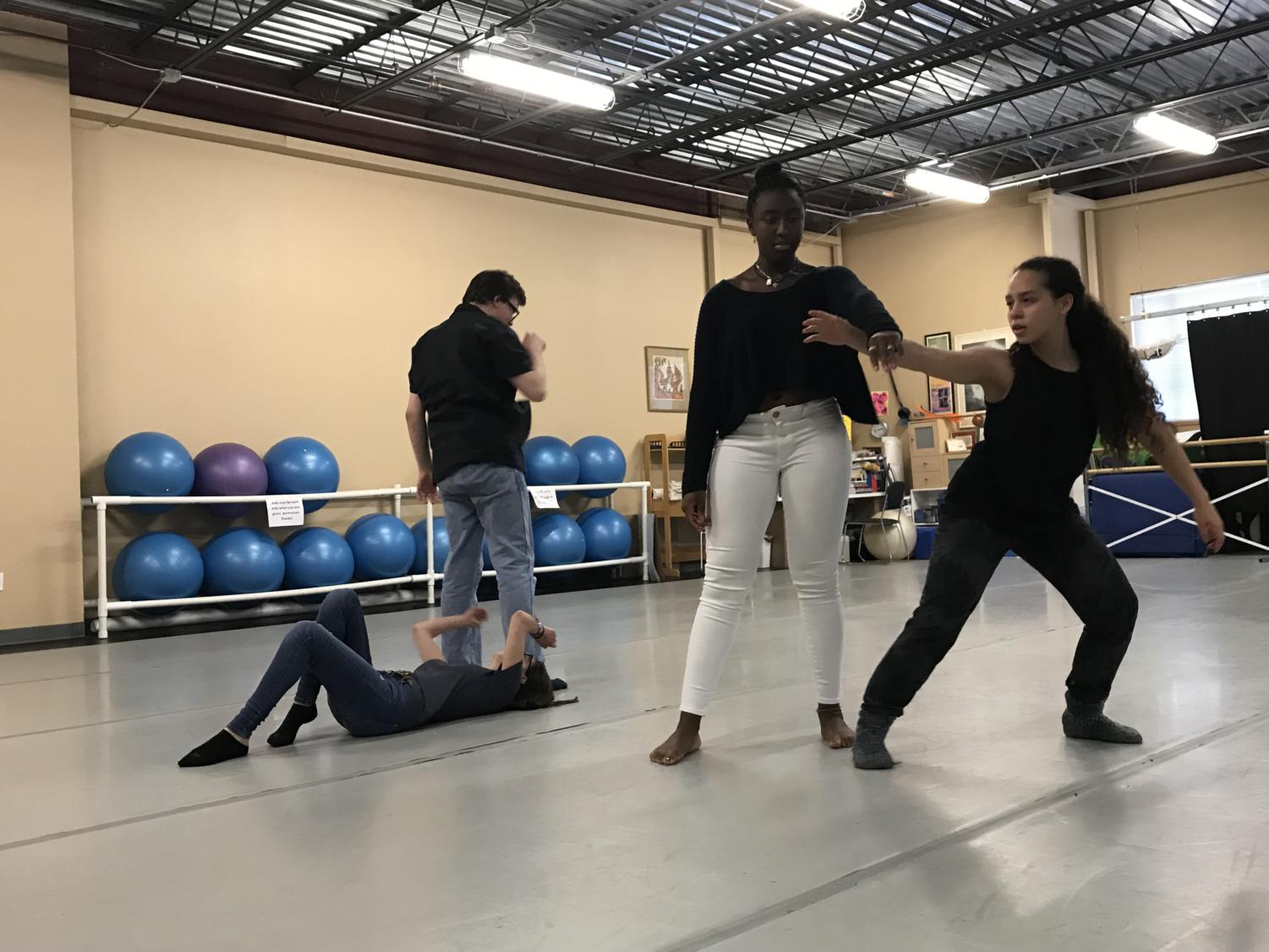 From left to right: Abby Cohen '19, Charlie Smith '18, Kennedy Carter '19, and Manon Scialfa '19. A few members of Ms. Narcisse's H block class running through an intricate collaborative piece that is being created.