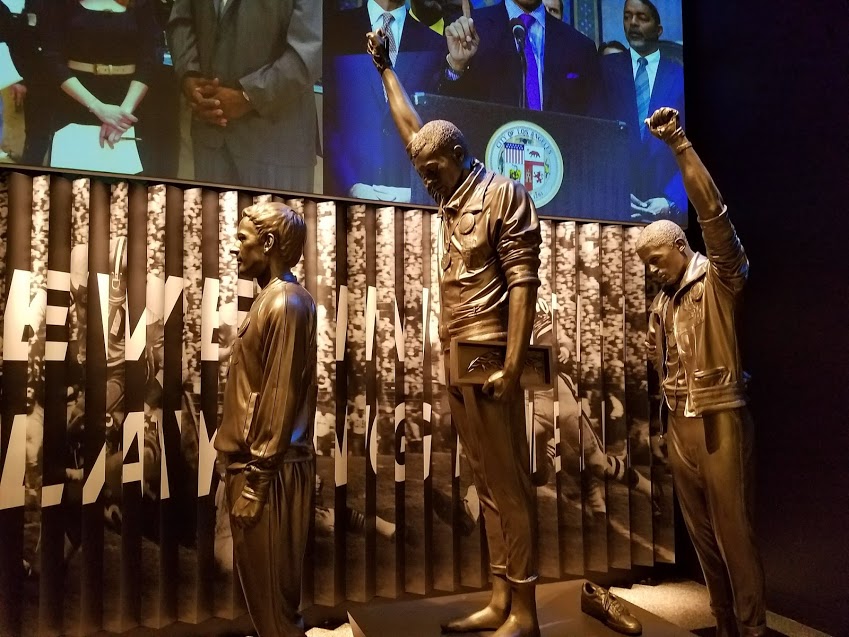 A statue in the museums sports section depicts Tommie Smith, John Carlos and Peter Normans famous 1968 protest at the Olympic Games in Mexico City.