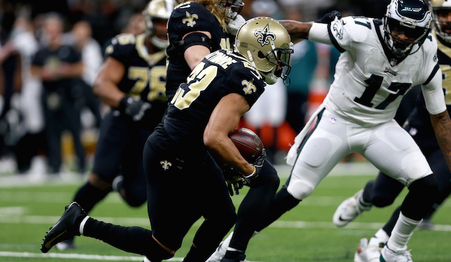 NEW+ORLEANS%2C+LOUISIANA+-+JANUARY+13%3A++Marshon+Lattimore+%2323+of+the+New+Orleans+Saints+intercepts+the+ball+late+in+the+fourth+quarter+against+the+Philadelphia+Eagles+in+the+NFC+Divisional+Playoff+Game+at+Mercedes+Benz+Superdome+on+January+13%2C+2019+in+New+Orleans%2C+Louisiana.+%28Photo+by+Sean+Gardner%2FGetty+Images%29