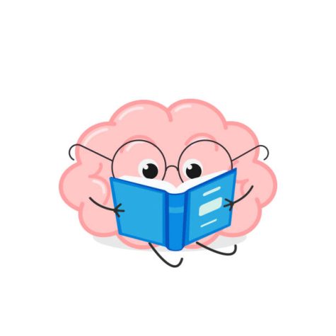 Cute smart cartoon brain in glasses reading a book. Vector flat illustration isolated on white background