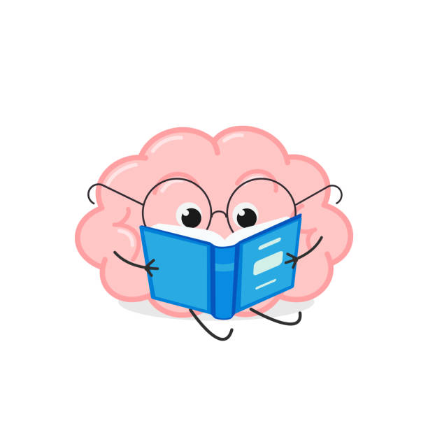 Cute+smart+cartoon+brain+in+glasses+reading+a+book.+Vector+flat+illustration+isolated+on+white+background