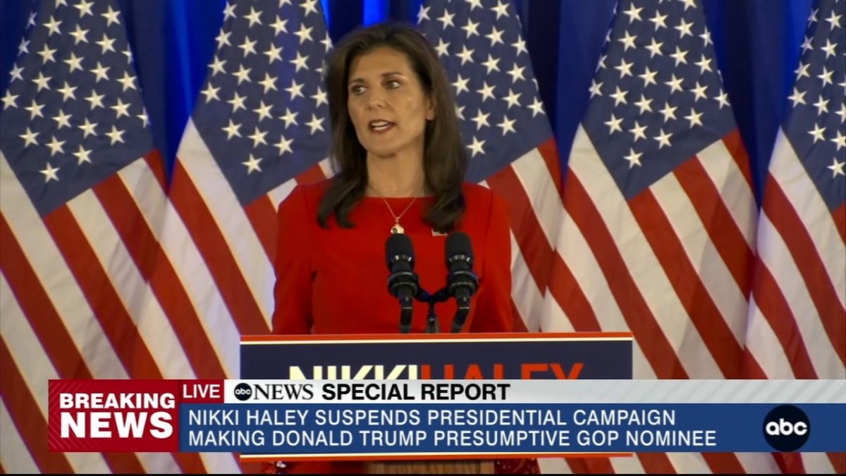 News report of Nikki Haley suspending her presidential campaign on March 6th, 2024