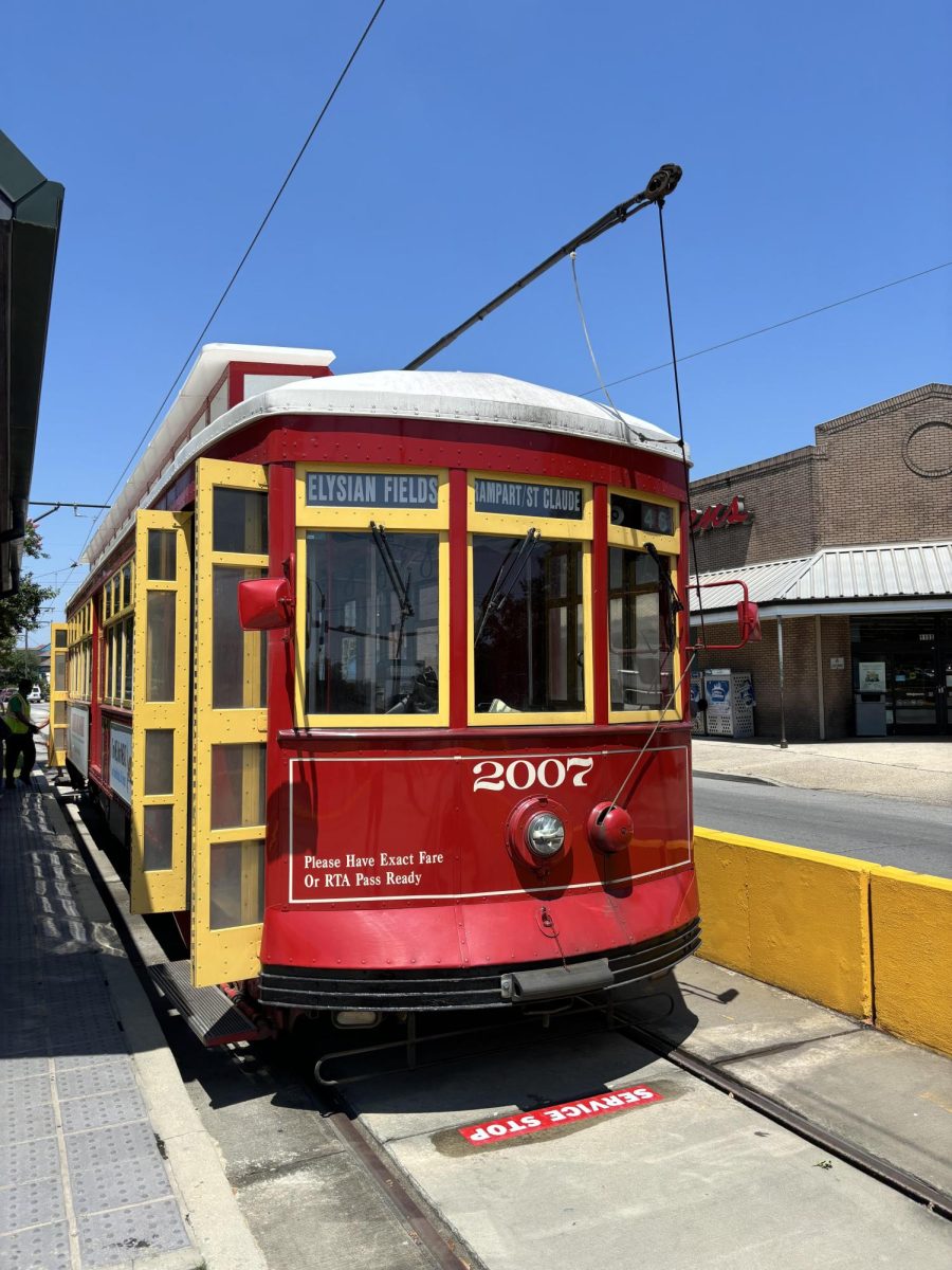 Streetcar #2007 at the Elysian Fields Stop. This is the first day the streetcar line on Rampart has been operational since the Hardrock Hotel Collapse. Taken May 19, 2024.