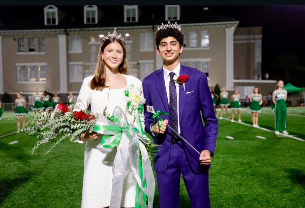 Homecoming Queen Eliza Pilant '25 and Homecoming King Amar Walia '25 at the Homecoming Halftime Presentation on Lupin Field